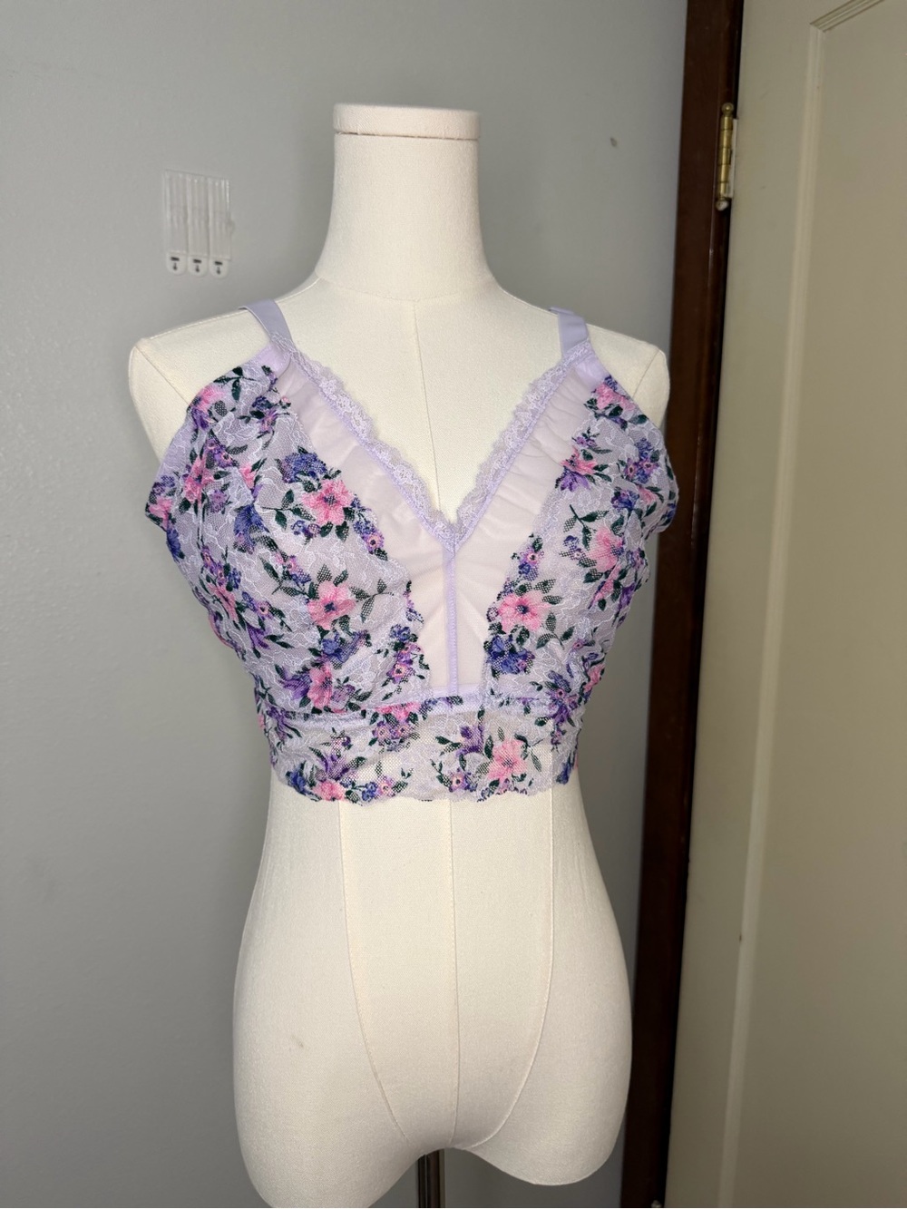 Victoria's Secret Lavender Floral Lace Bralette with Pink Accents